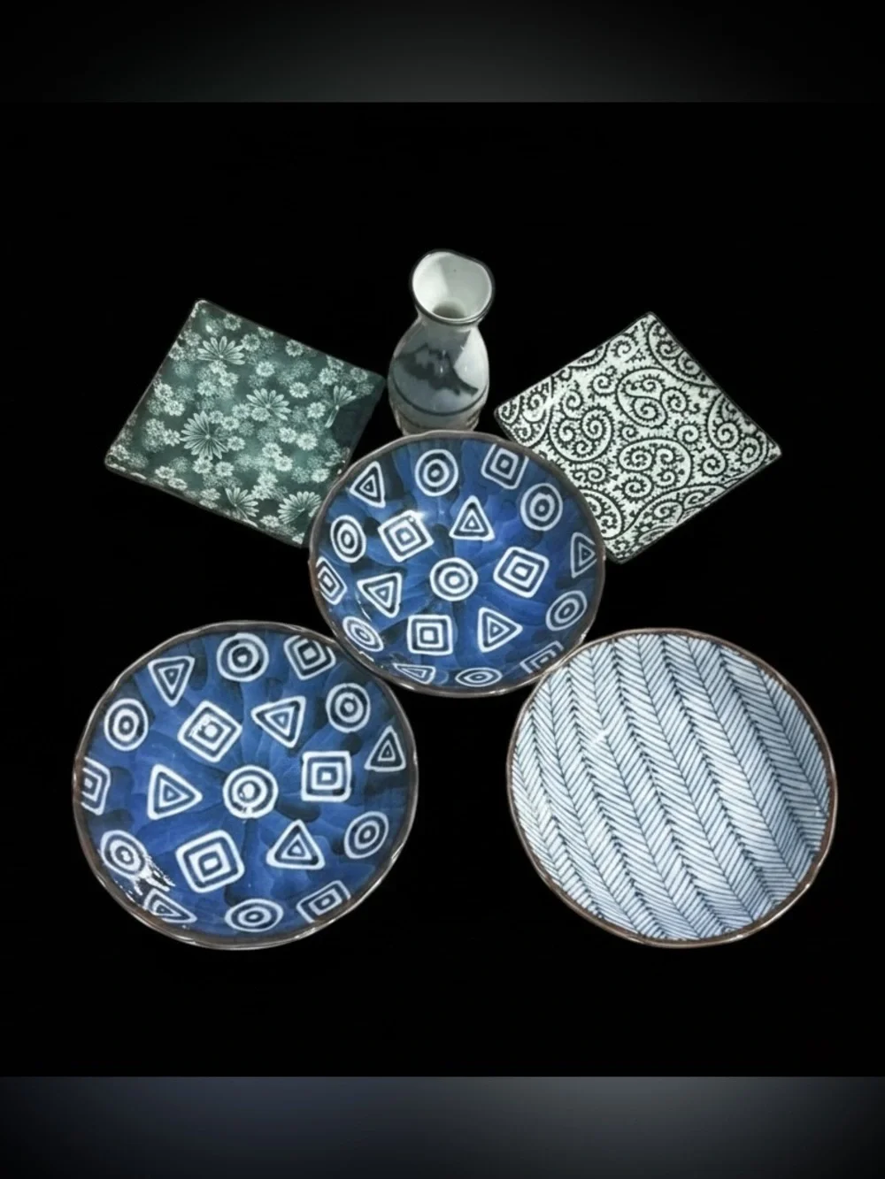 Japanese porcelain bowl, sake, and plate set.